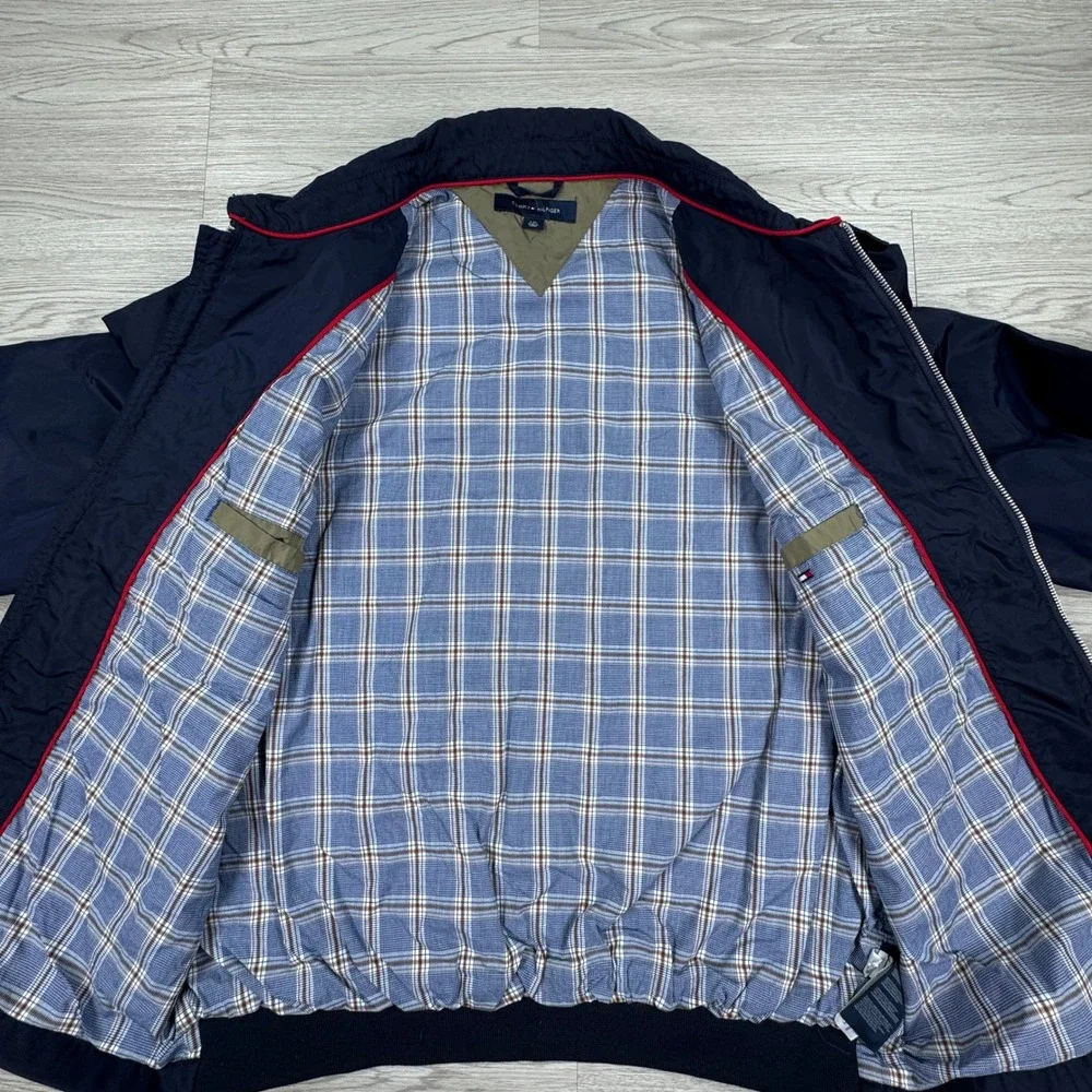 Tommy‎ Hilfiger Men's Jacket Windbreaker Navy Blue Large Plaid Lined Full Zip